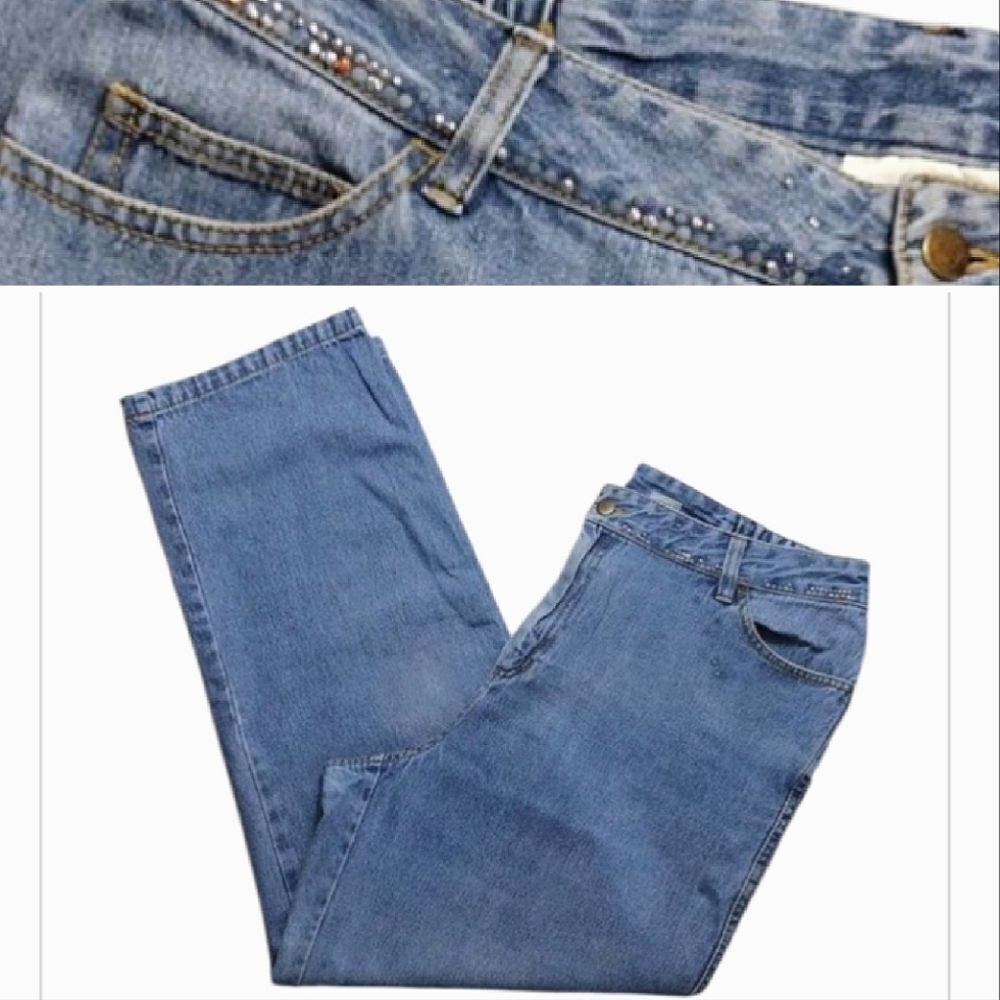 VTG 80s Medium Wash Studded High Waist Wide Leg Jeans Large Petite